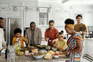 A family preparing a meal together